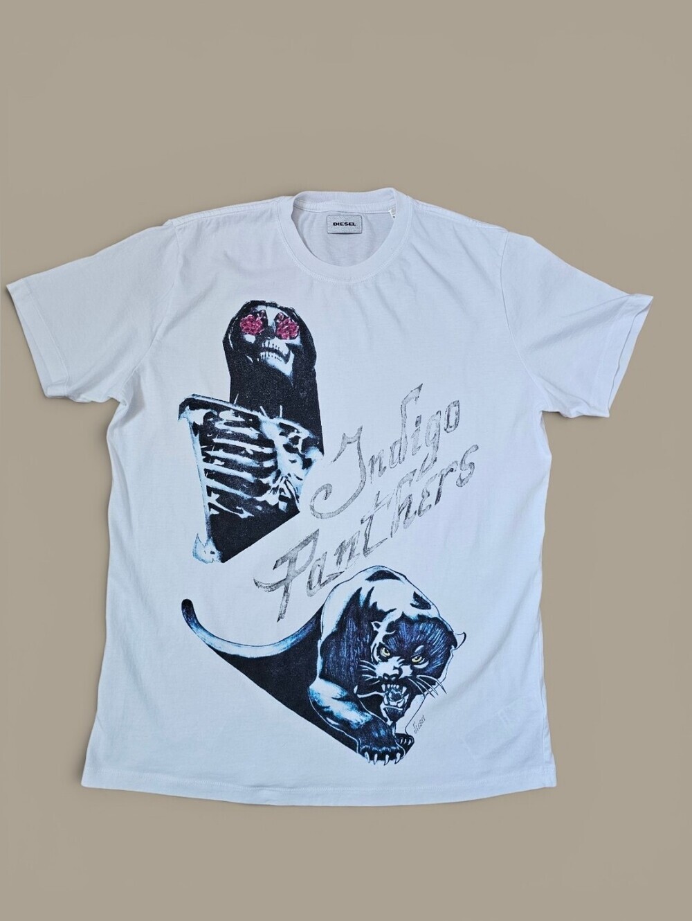 Diesel Women's White Graphic Indigo Panthers Indie Punk Short Sleeve Tee, Size M